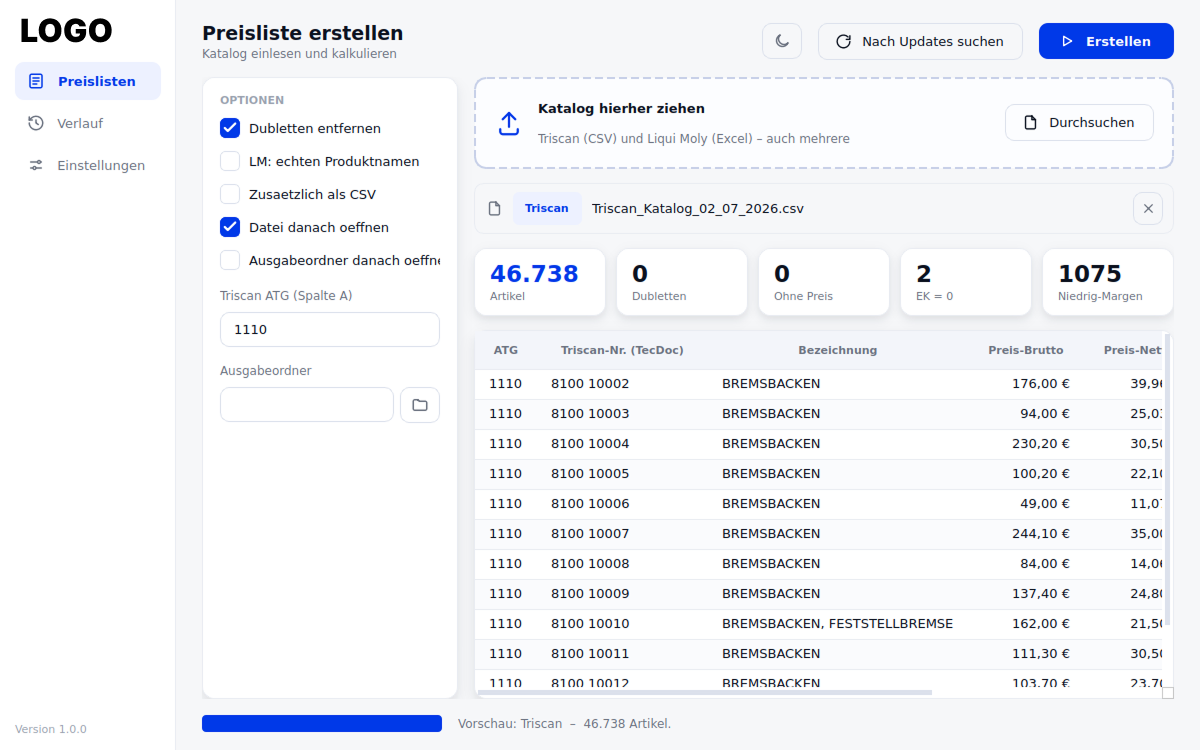 Bildschirmfoto des Preislisten-Programms mit eingelesenem Katalog und berechneten Verkaufspreisen